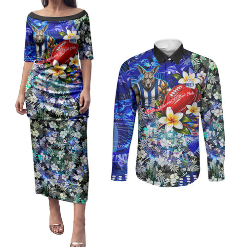 Personalized North Melbourne Football Kangaroos Couples Matching Puletasi and Long Sleeve Button Shirt Tropical Hibiscus Flowers - Pacific Fusion Style