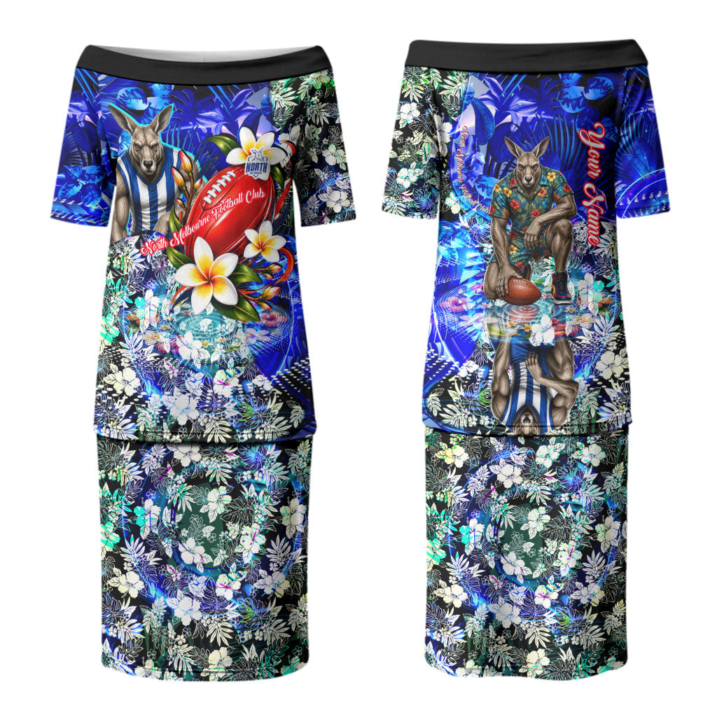 Personalized North Melbourne Football Kangaroos Couples Matching Puletasi and Long Sleeve Button Shirt Tropical Hibiscus Flowers - Pacific Fusion Style