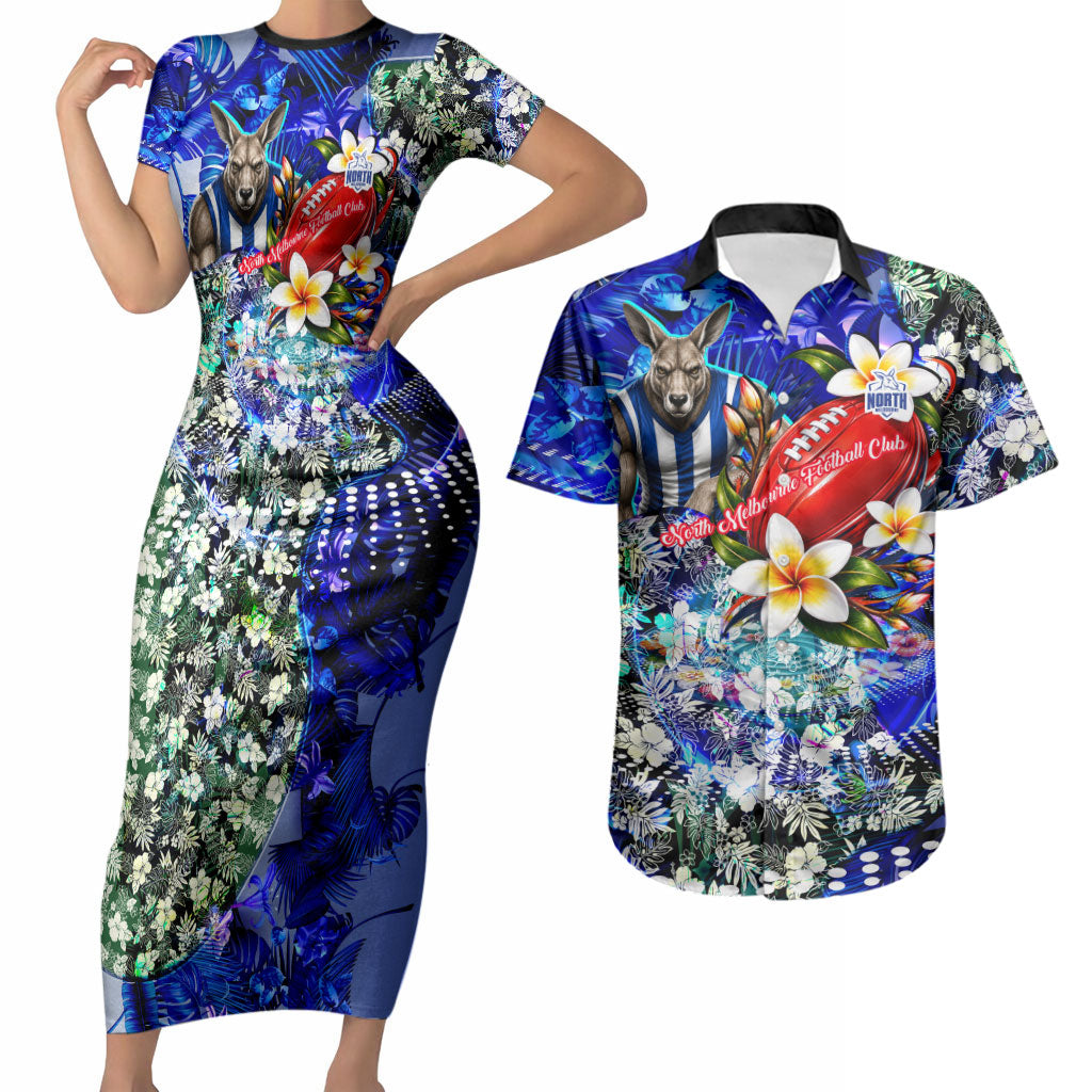 Personalized North Melbourne Football Kangaroos Couples Matching Short Sleeve Bodycon Dress and Hawaiian Shirt Tropical Hibiscus Flowers - Pacific Fusion Style