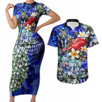 Personalized North Melbourne Football Kangaroos Couples Matching Short Sleeve Bodycon Dress and Hawaiian Shirt Tropical Hibiscus Flowers - Pacific Fusion Style