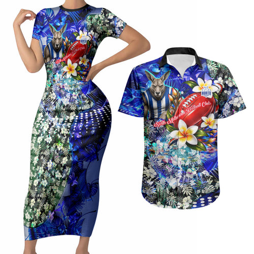 Personalized North Melbourne Football Kangaroos Couples Matching Short Sleeve Bodycon Dress and Hawaiian Shirt Tropical Hibiscus Flowers - Pacific Fusion Style