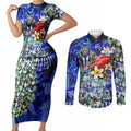Personalized North Melbourne Football Kangaroos Couples Matching Short Sleeve Bodycon Dress and Long Sleeve Button Shirt Tropical Hibiscus Flowers - Pacific Fusion Style