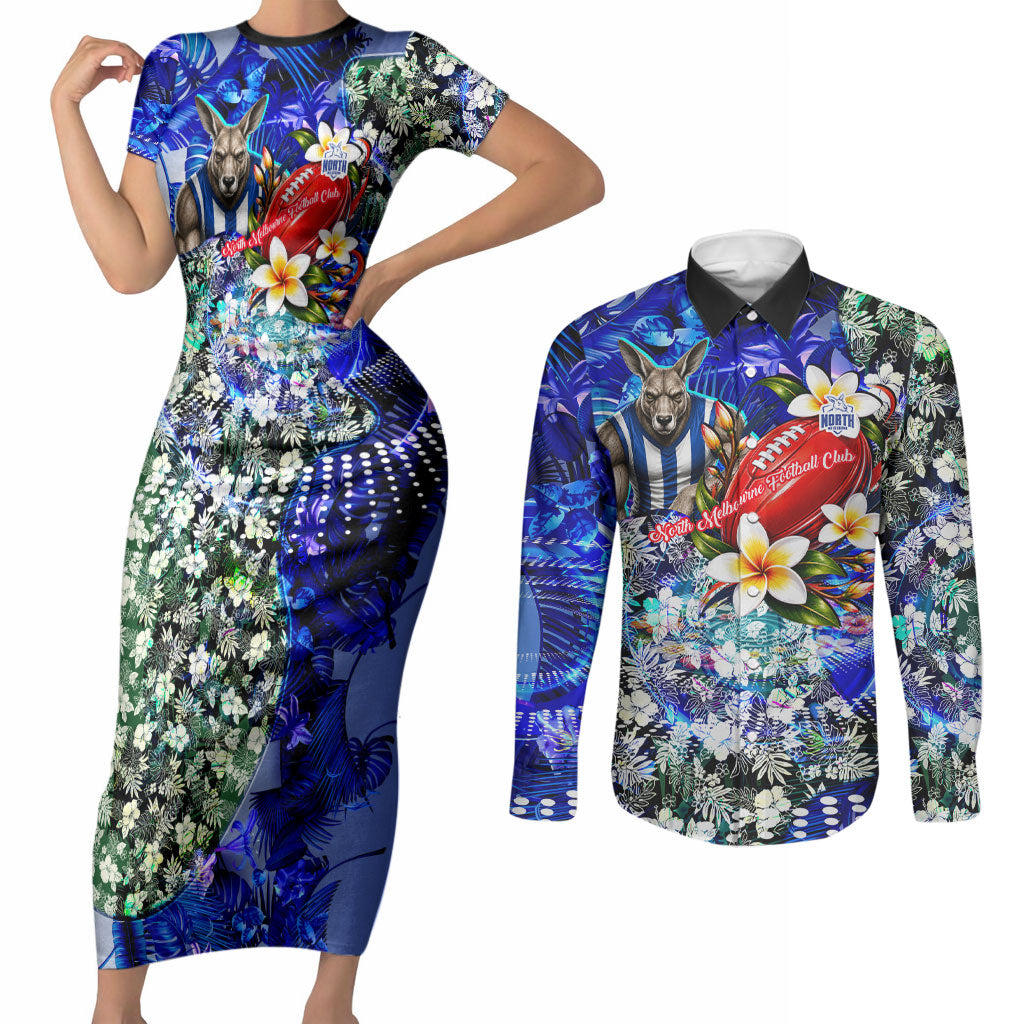 Personalized North Melbourne Football Kangaroos Couples Matching Short Sleeve Bodycon Dress and Long Sleeve Button Shirt Tropical Hibiscus Flowers - Pacific Fusion Style