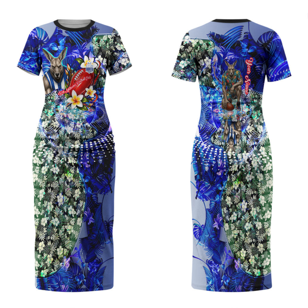 Personalized North Melbourne Football Kangaroos Couples Matching Short Sleeve Bodycon Dress and Long Sleeve Button Shirt Tropical Hibiscus Flowers - Pacific Fusion Style