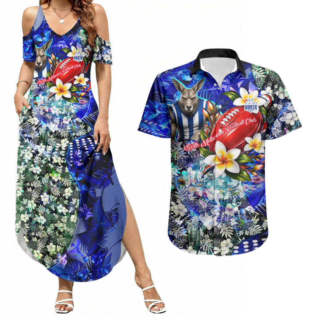 Personalized North Melbourne Football Kangaroos Couples Matching Summer Maxi Dress and Hawaiian Shirt Tropical Hibiscus Flowers - Pacific Fusion Style