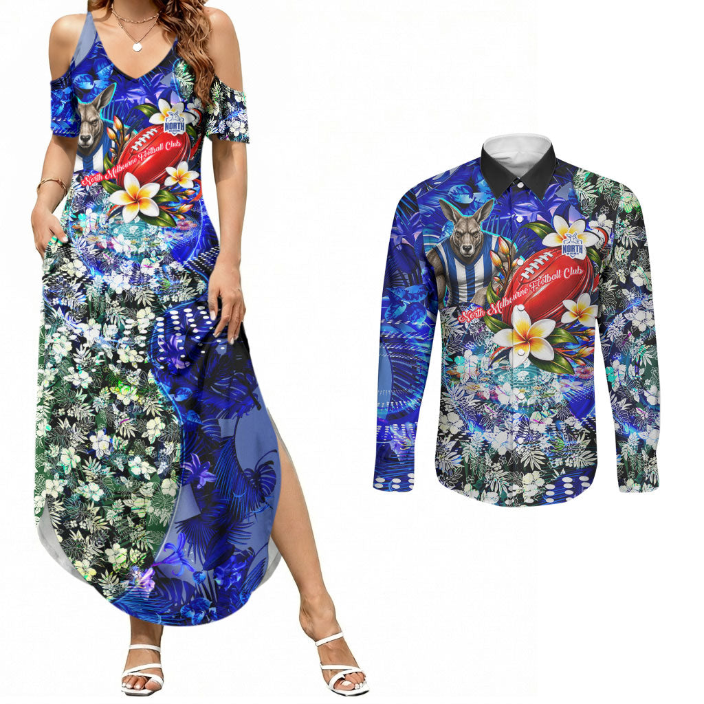 Personalized North Melbourne Football Kangaroos Couples Matching Summer Maxi Dress and Long Sleeve Button Shirt Tropical Hibiscus Flowers - Pacific Fusion Style