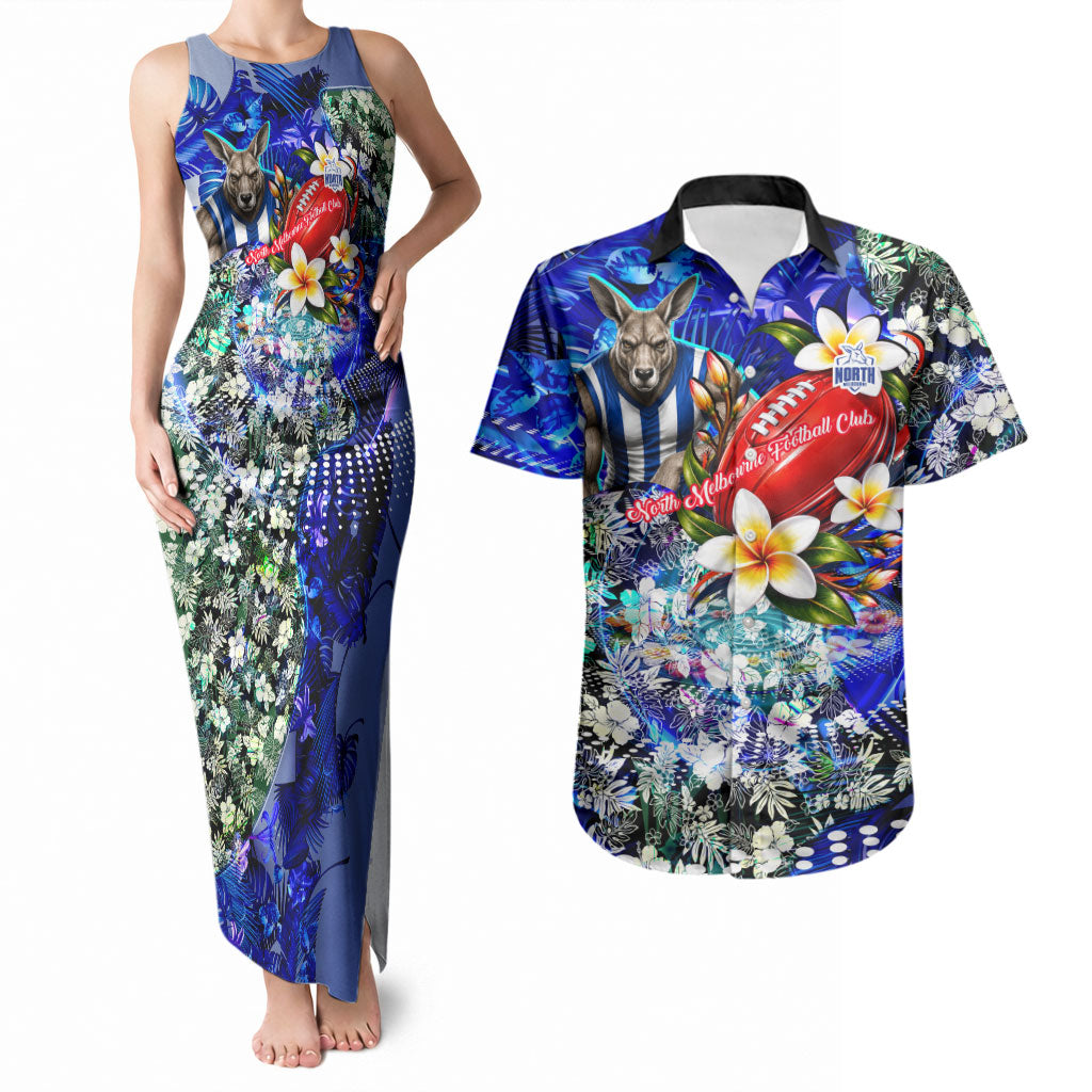 Personalized North Melbourne Football Kangaroos Couples Matching Tank Maxi Dress and Hawaiian Shirt Tropical Hibiscus Flowers - Pacific Fusion Style