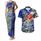 Personalized North Melbourne Football Kangaroos Couples Matching Tank Maxi Dress and Hawaiian Shirt Tropical Hibiscus Flowers - Pacific Fusion Style
