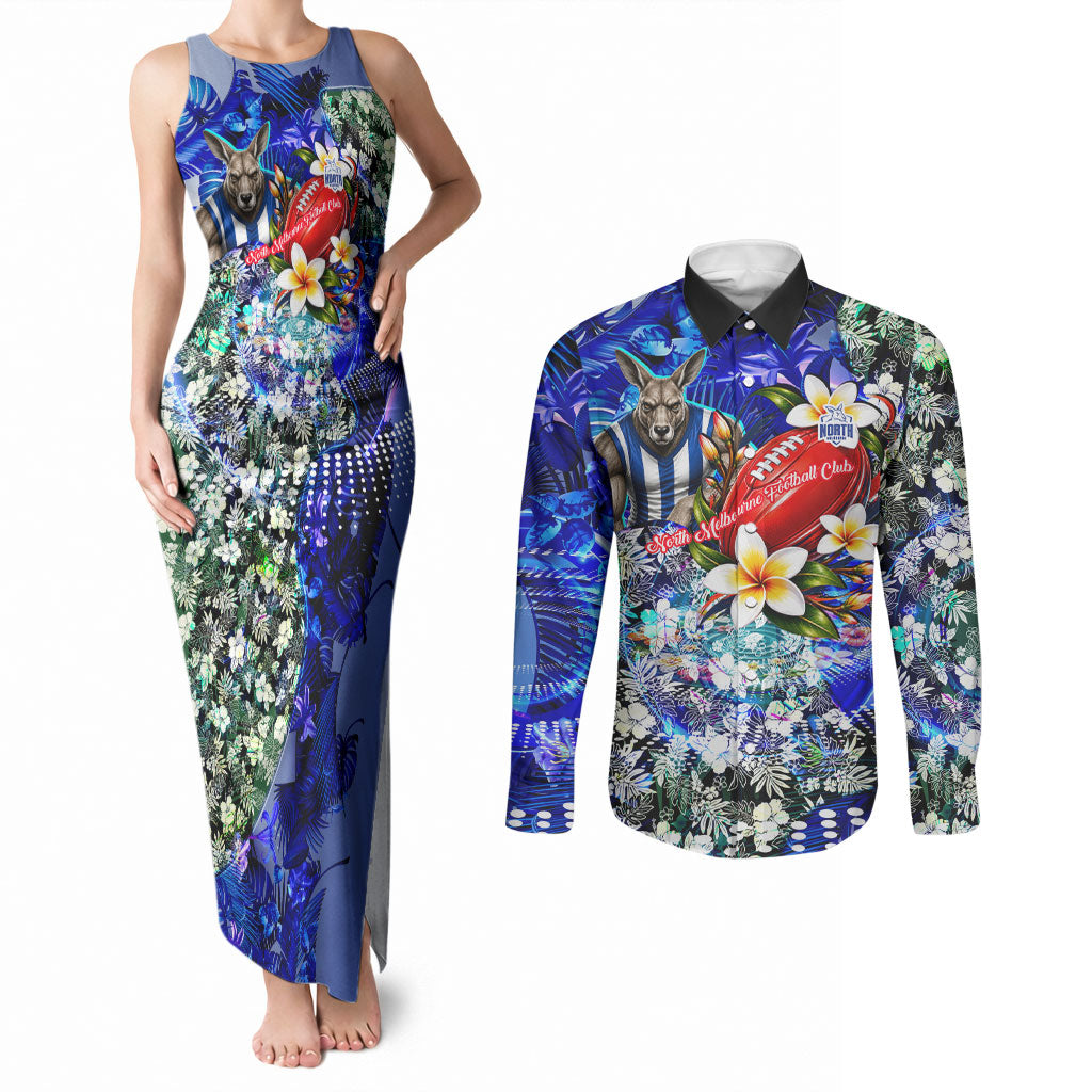 Personalized North Melbourne Football Kangaroos Couples Matching Tank Maxi Dress and Long Sleeve Button Shirt Tropical Hibiscus Flowers - Pacific Fusion Style
