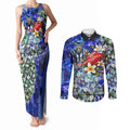 Personalized North Melbourne Football Kangaroos Couples Matching Tank Maxi Dress and Long Sleeve Button Shirt Tropical Hibiscus Flowers - Pacific Fusion Style