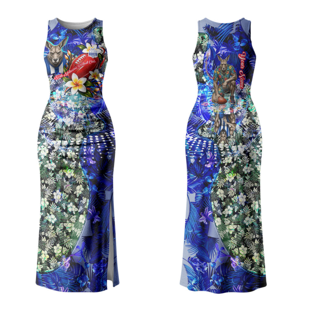 Personalized North Melbourne Football Kangaroos Couples Matching Tank Maxi Dress and Long Sleeve Button Shirt Tropical Hibiscus Flowers - Pacific Fusion Style