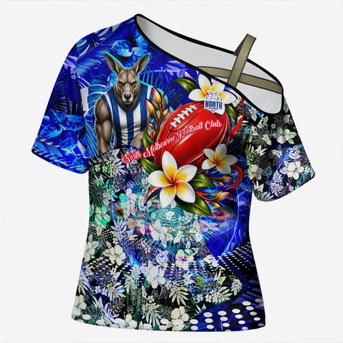 Personalized North Melbourne Football Kangaroos Cross Shoulder Shirt Tropical Hibiscus Flowers - Pacific Fusion Style