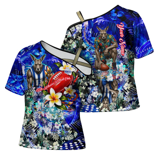 Personalized North Melbourne Football Kangaroos Cross Shoulder Shirt Tropical Hibiscus Flowers - Pacific Fusion Style