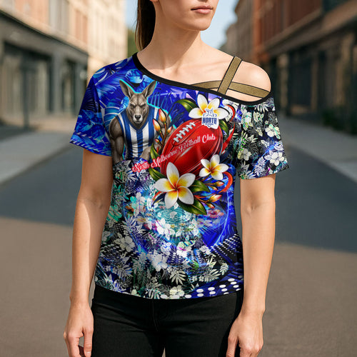 Personalized North Melbourne Football Kangaroos Cross Shoulder Shirt Tropical Hibiscus Flowers - Pacific Fusion Style