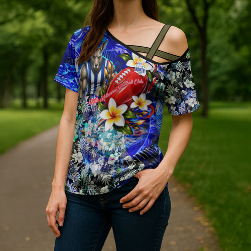 Personalized North Melbourne Football Kangaroos Cross Shoulder Shirt Tropical Hibiscus Flowers - Pacific Fusion Style
