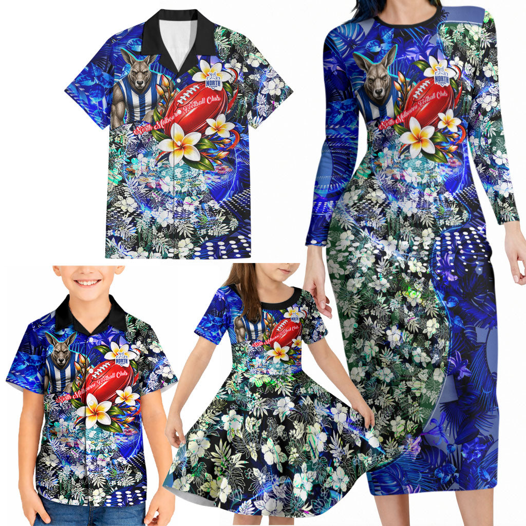 Personalized North Melbourne Football Kangaroos Family Matching Long Sleeve Bodycon Dress and Hawaiian Shirt Tropical Hibiscus Flowers - Pacific Fusion Style