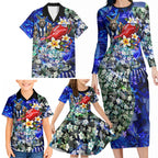 Personalized North Melbourne Football Kangaroos Family Matching Long Sleeve Bodycon Dress and Hawaiian Shirt Tropical Hibiscus Flowers - Pacific Fusion Style