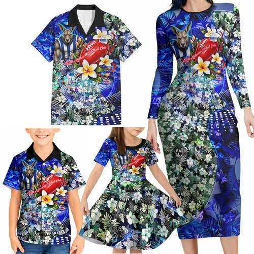 Personalized North Melbourne Football Kangaroos Family Matching Long Sleeve Bodycon Dress and Hawaiian Shirt Tropical Hibiscus Flowers - Pacific Fusion Style