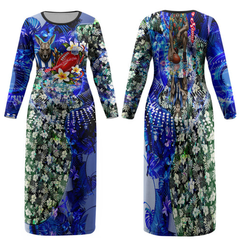 Personalized North Melbourne Football Kangaroos Family Matching Long Sleeve Bodycon Dress and Hawaiian Shirt Tropical Hibiscus Flowers - Pacific Fusion Style