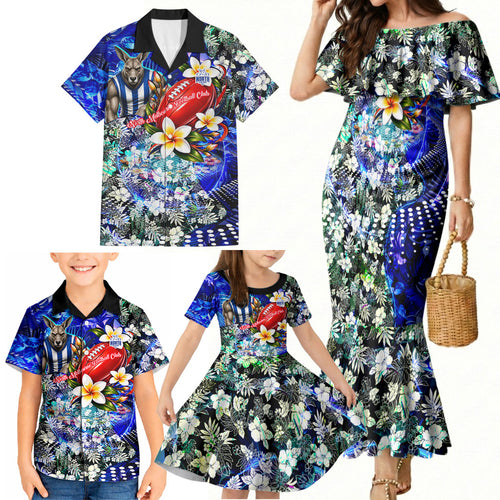Personalized North Melbourne Football Kangaroos Family Matching Mermaid Dress and Hawaiian Shirt Tropical Hibiscus Flowers - Pacific Fusion Style