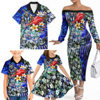 Personalized North Melbourne Football Kangaroos Family Matching Off The Shoulder Long Sleeve Dress and Hawaiian Shirt Tropical Hibiscus Flowers - Pacific Fusion Style