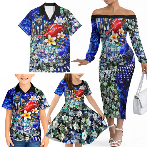 Personalized North Melbourne Football Kangaroos Family Matching Off The Shoulder Long Sleeve Dress and Hawaiian Shirt Tropical Hibiscus Flowers - Pacific Fusion Style