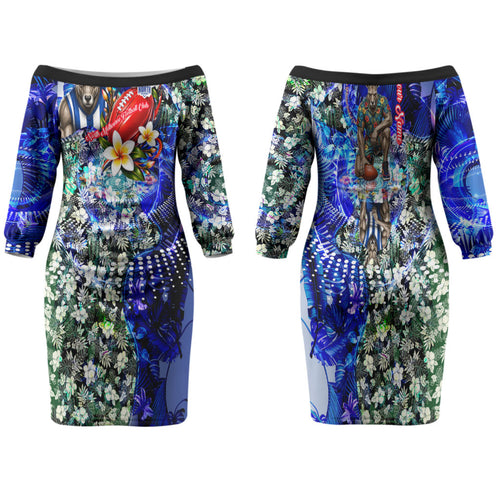 Personalized North Melbourne Football Kangaroos Family Matching Off The Shoulder Long Sleeve Dress and Hawaiian Shirt Tropical Hibiscus Flowers - Pacific Fusion Style