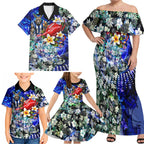 Personalized North Melbourne Football Kangaroos Family Matching Off Shoulder Maxi Dress and Hawaiian Shirt Tropical Hibiscus Flowers - Pacific Fusion Style