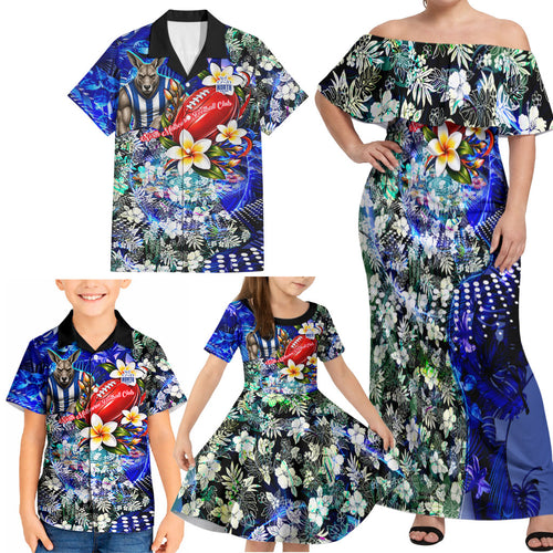Personalized North Melbourne Football Kangaroos Family Matching Off Shoulder Maxi Dress and Hawaiian Shirt Tropical Hibiscus Flowers - Pacific Fusion Style
