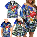 Personalized North Melbourne Football Kangaroos Family Matching Off Shoulder Short Dress and Hawaiian Shirt Tropical Hibiscus Flowers - Pacific Fusion Style