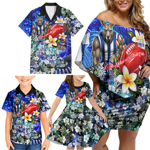 Personalized North Melbourne Football Kangaroos Family Matching Off Shoulder Short Dress and Hawaiian Shirt Tropical Hibiscus Flowers - Pacific Fusion Style