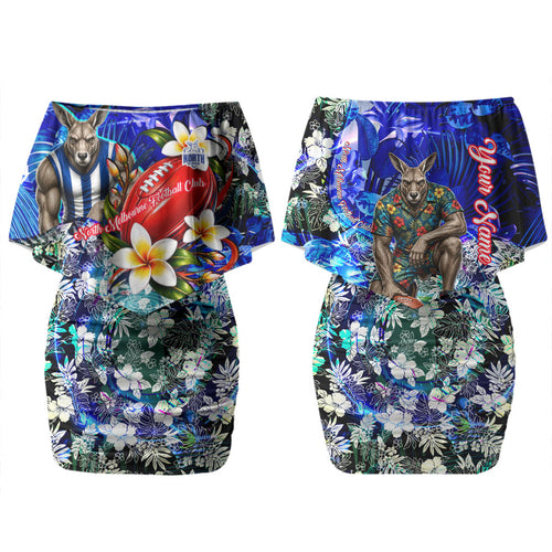 Personalized North Melbourne Football Kangaroos Family Matching Off Shoulder Short Dress and Hawaiian Shirt Tropical Hibiscus Flowers - Pacific Fusion Style