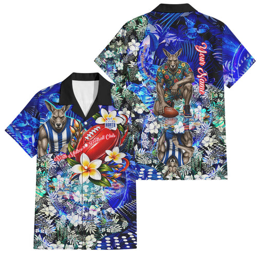 Personalized North Melbourne Football Kangaroos Family Matching Off Shoulder Short Dress and Hawaiian Shirt Tropical Hibiscus Flowers - Pacific Fusion Style