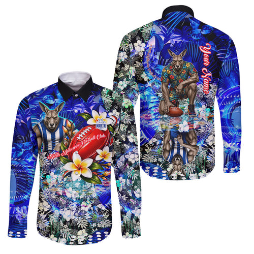 Personalized North Melbourne Football Kangaroos Family Matching Off Shoulder Short Dress and Hawaiian Shirt Tropical Hibiscus Flowers - Pacific Fusion Style