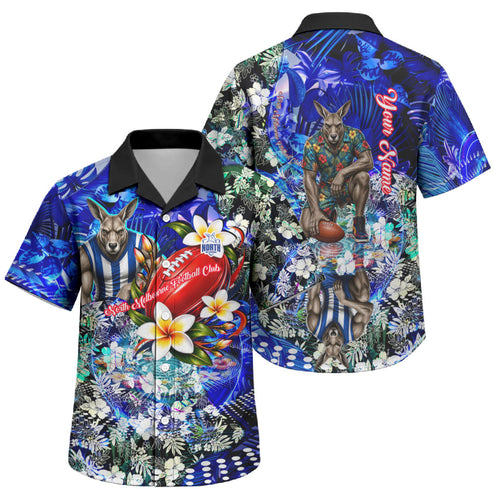 Personalized North Melbourne Football Kangaroos Family Matching Off Shoulder Short Dress and Hawaiian Shirt Tropical Hibiscus Flowers - Pacific Fusion Style