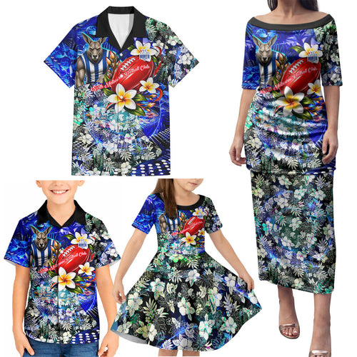 Personalized North Melbourne Football Kangaroos Family Matching Puletasi and Hawaiian Shirt Tropical Hibiscus Flowers - Pacific Fusion Style