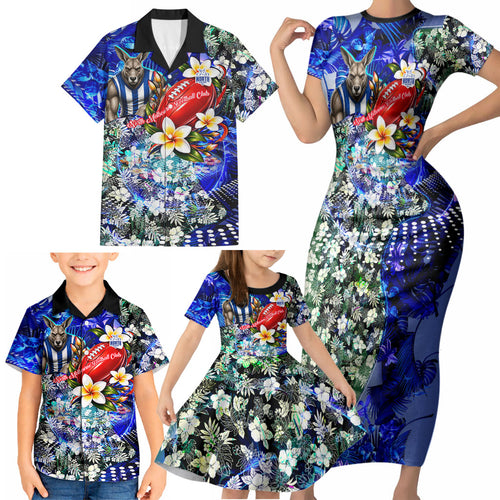 Personalized North Melbourne Football Kangaroos Family Matching Short Sleeve Bodycon Dress and Hawaiian Shirt Tropical Hibiscus Flowers - Pacific Fusion Style