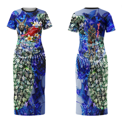 Personalized North Melbourne Football Kangaroos Family Matching Short Sleeve Bodycon Dress and Hawaiian Shirt Tropical Hibiscus Flowers - Pacific Fusion Style