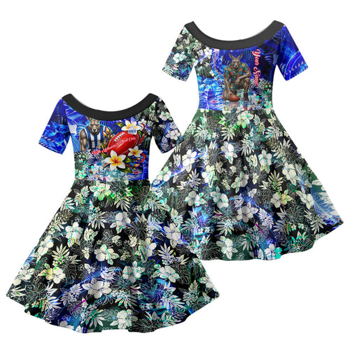 Personalized North Melbourne Football Kangaroos Family Matching Summer Maxi Dress and Hawaiian Shirt Tropical Hibiscus Flowers - Pacific Fusion Style