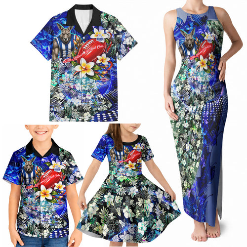 Personalized North Melbourne Football Kangaroos Family Matching Tank Maxi Dress and Hawaiian Shirt Tropical Hibiscus Flowers - Pacific Fusion Style