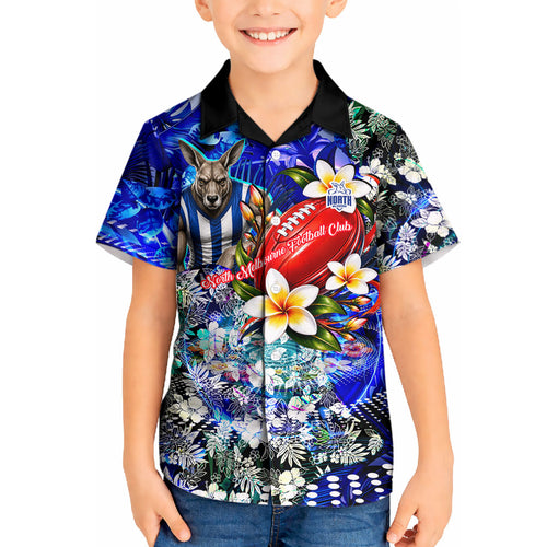 Personalized North Melbourne Football Kangaroos Kid Hawaiian Shirt Tropical Hibiscus Flowers - Pacific Fusion Style