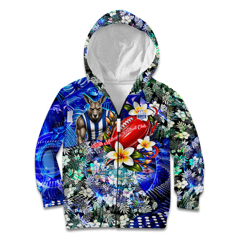 Personalized North Melbourne Football Kangaroos Kid Hoodie Tropical Hibiscus Flowers - Pacific Fusion Style