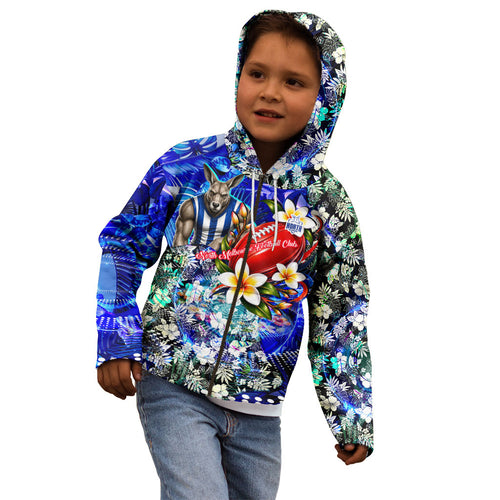 Personalized North Melbourne Football Kangaroos Kid Hoodie Tropical Hibiscus Flowers - Pacific Fusion Style