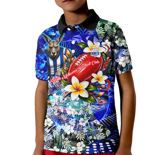 Personalized North Melbourne Football Kangaroos Kid Polo Shirt Tropical Hibiscus Flowers - Pacific Fusion Style