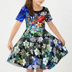 Personalized North Melbourne Football Kangaroos Kid Short Sleeve Dress Tropical Hibiscus Flowers - Pacific Fusion Style
