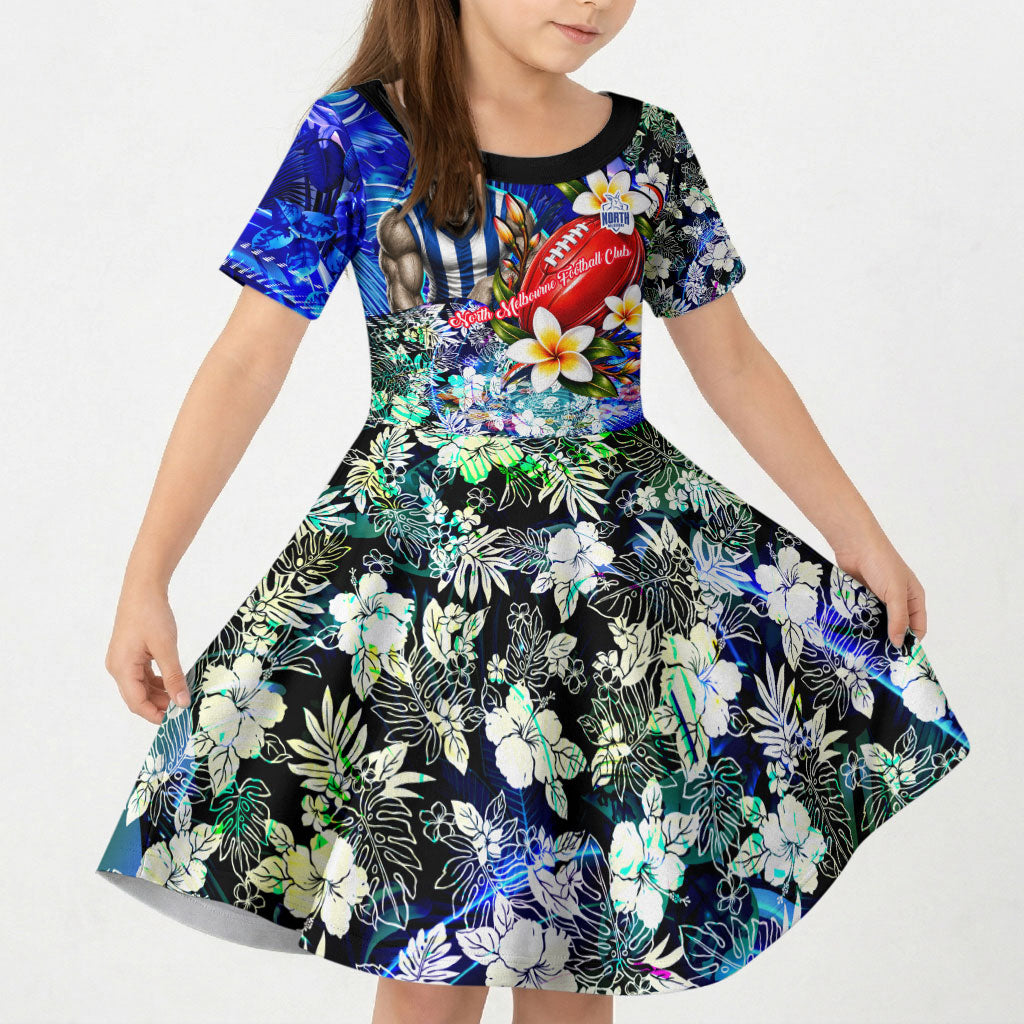 Personalized North Melbourne Football Kangaroos Kid Short Sleeve Dress Tropical Hibiscus Flowers - Pacific Fusion Style