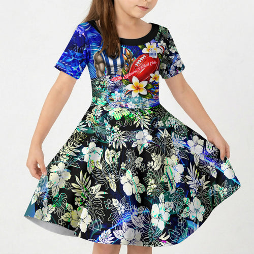 Personalized North Melbourne Football Kangaroos Kid Short Sleeve Dress Tropical Hibiscus Flowers - Pacific Fusion Style