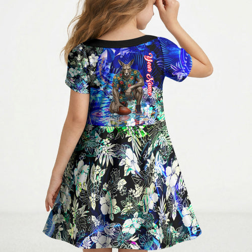 Personalized North Melbourne Football Kangaroos Kid Short Sleeve Dress Tropical Hibiscus Flowers - Pacific Fusion Style