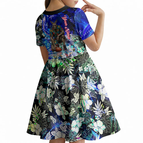 Personalized North Melbourne Football Kangaroos Kid Short Sleeve Dress Tropical Hibiscus Flowers - Pacific Fusion Style