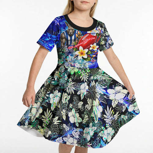 Personalized North Melbourne Football Kangaroos Kid Short Sleeve Dress Tropical Hibiscus Flowers - Pacific Fusion Style